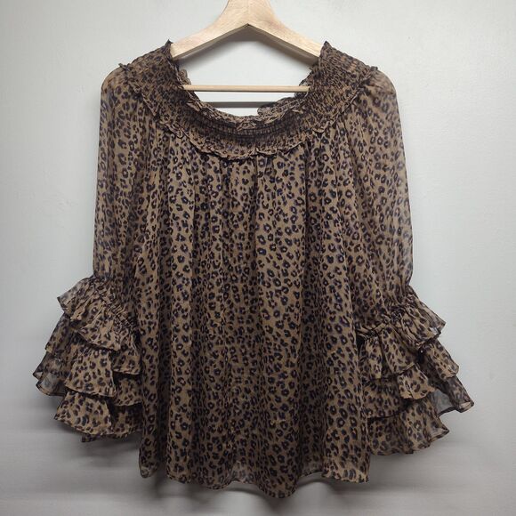 Cece Blouse Top Women Size M Brown Leopard Chiffon Off Shoulder Lined Feminine - Picture 1 of 8